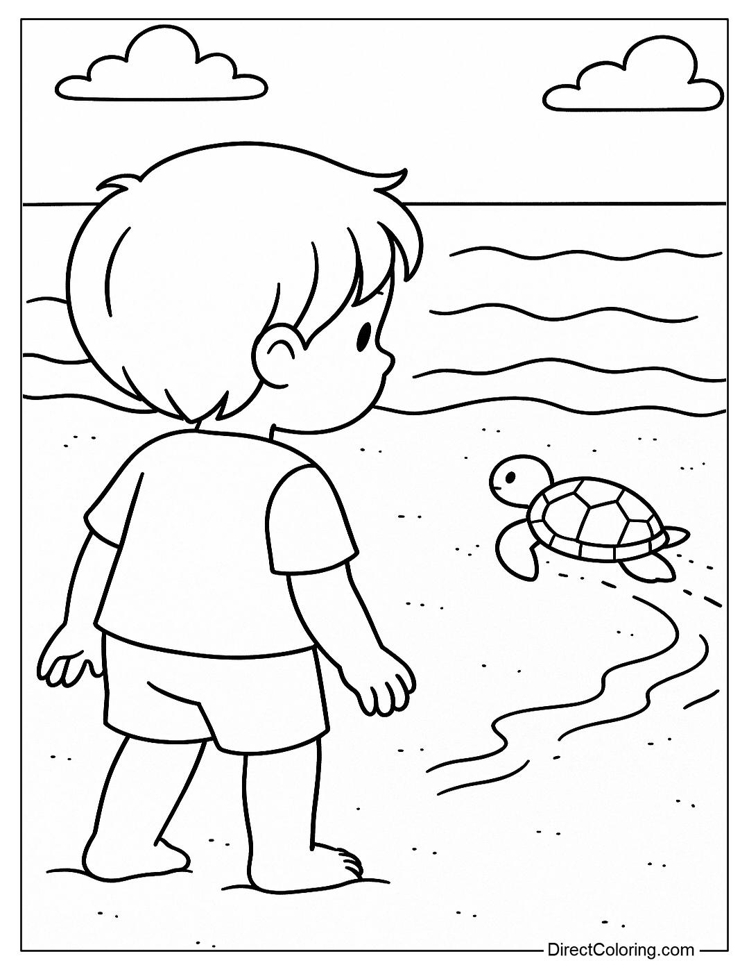 a beach coloring page with a baby turtle crawling toward the ocean, the baby standing and watching